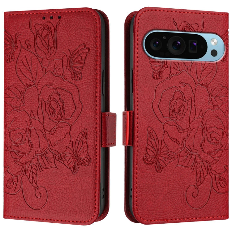 For Google Pixel 9 Pro XL Embossed Rose RFID Anti-theft Leather Phone Case(Red)