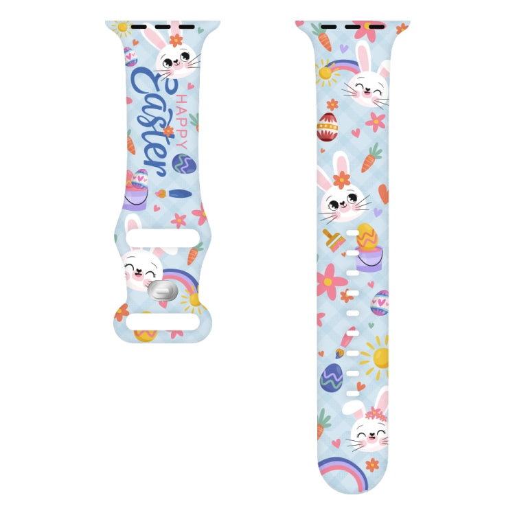 For Apple Watch SE 2023 44mm Butterfly Buckle Easter Printed Silicone Watch Band(Bunny Blue)