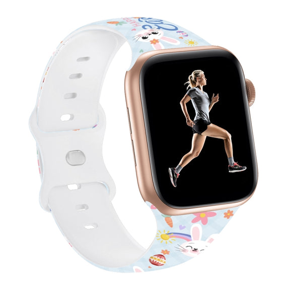 For Apple Watch SE 2023 44mm Butterfly Buckle Easter Printed Silicone Watch Band(Bunny Blue)