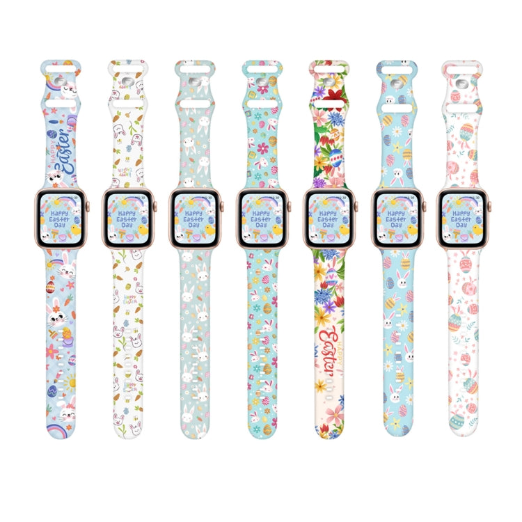 For Apple Watch SE 2023 44mm Butterfly Buckle Easter Printed Silicone Watch Band(Bunny Blue)