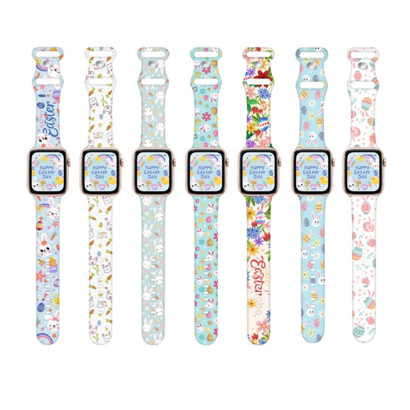 For Apple Watch SE 2023 44mm Butterfly Buckle Easter Printed Silicone Watch Band(Bunny Blue)