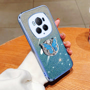 For Honor Magic6 Pro Plated Gradient Glitter Butterfly Holder TPU Phone Case(Sierra Blue)