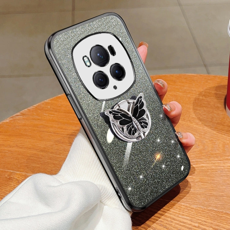 For Honor Magic6 Pro Plated Gradient Glitter Butterfly Holder TPU Phone Case(Black)