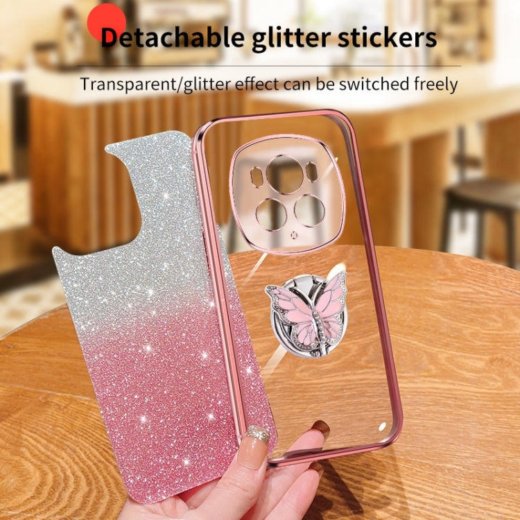 For Honor Magic6 Pro Plated Gradient Glitter Butterfly Holder TPU Phone Case(Black)