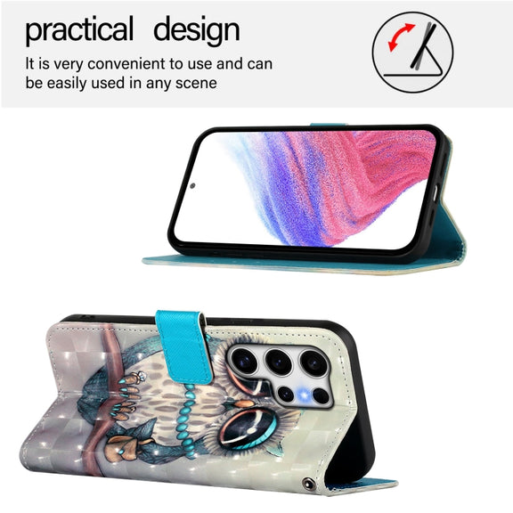 For Samsung Galaxy S25 Ultra 5G 3D Painting Horizontal Flip Leather Phone Case(Grey Owl)