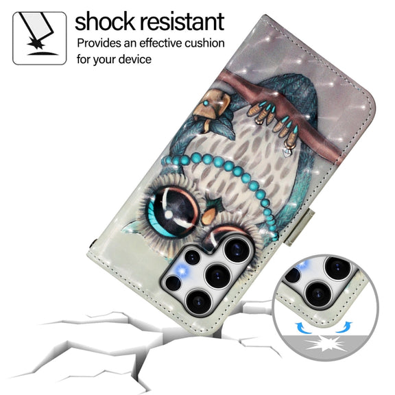 For Samsung Galaxy S25 Ultra 5G 3D Painting Horizontal Flip Leather Phone Case(Grey Owl)