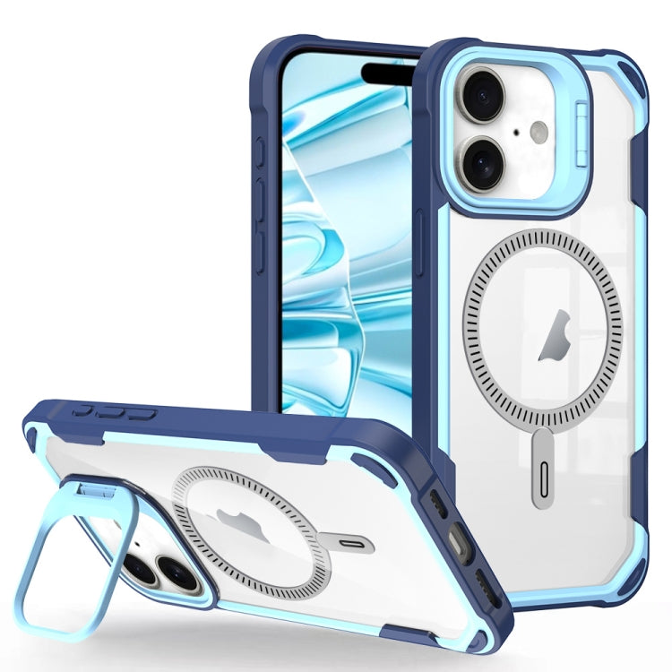 For iPhone 16 Plus Transparent Acrylic MagSafe Lens Holder Phone Case(Blue)