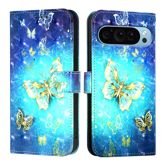 For Google Pixel 9 3D Painting Horizontal Flip Leather Phone Case(Golden Butterfly)