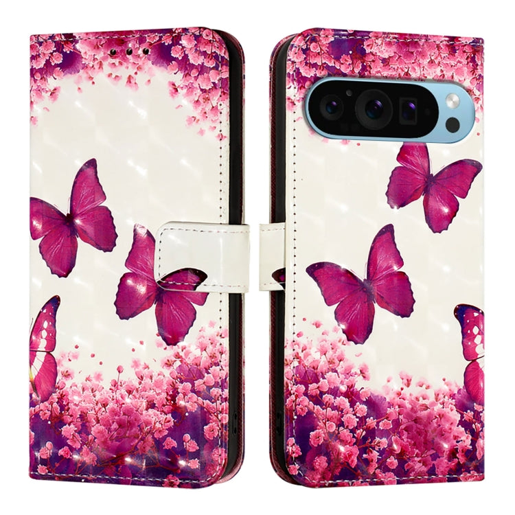 For Google Pixel 9 3D Painting Horizontal Flip Leather Phone Case(Rose Butterfly)