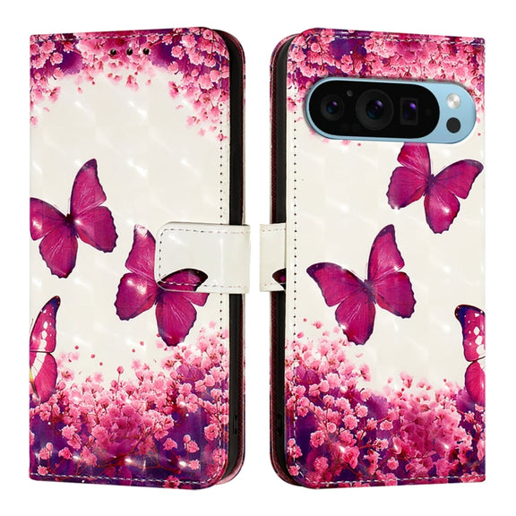 For Google Pixel 9 3D Painting Horizontal Flip Leather Phone Case(Rose Butterfly)