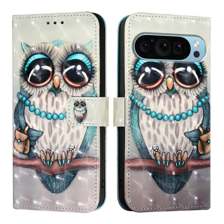 For Google Pixel 9 3D Painting Horizontal Flip Leather Phone Case(Grey Owl)