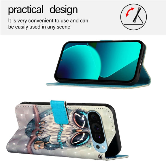 For Google Pixel 9 3D Painting Horizontal Flip Leather Phone Case(Grey Owl)