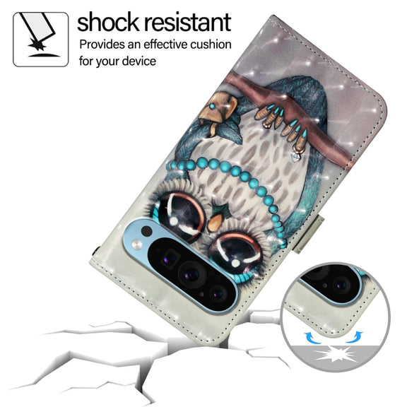 For Google Pixel 9 3D Painting Horizontal Flip Leather Phone Case(Grey Owl)