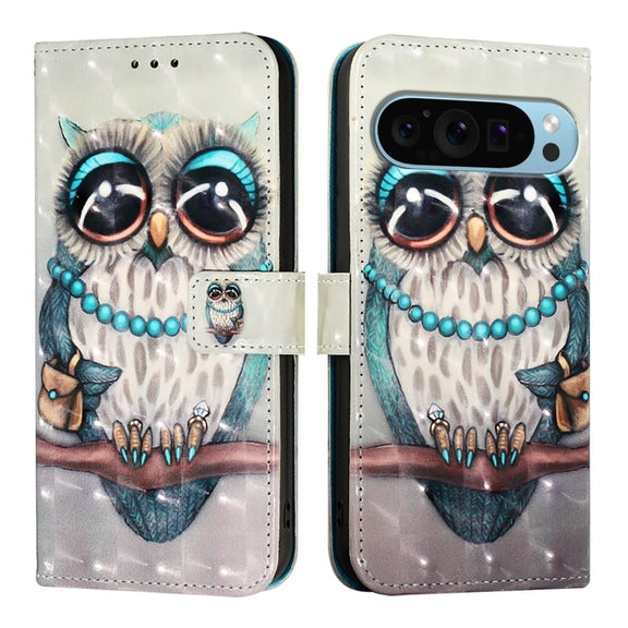 For Google Pixel 9 Pro XL 3D Painting Horizontal Flip Leather Phone Case(Grey Owl)