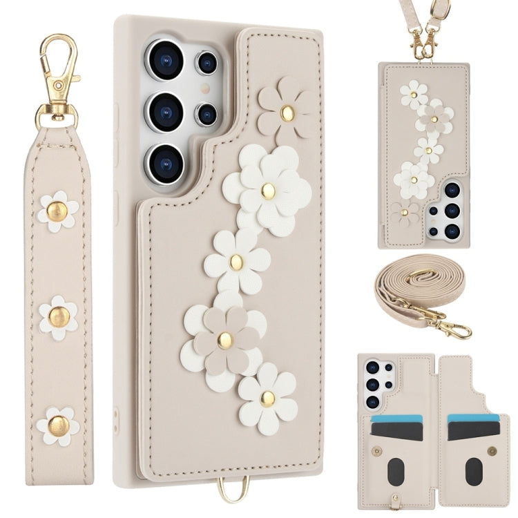 For Samsung Galaxy S25 Ultra 5G Crossbody Flower Pattern Leather Phone Case(White)