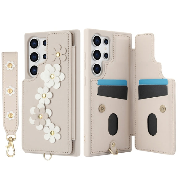 For Samsung Galaxy S25 Ultra 5G Crossbody Flower Pattern Leather Phone Case(White)