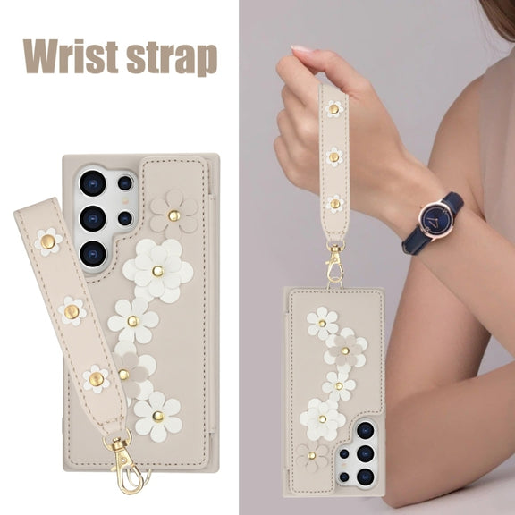 For Samsung Galaxy S25 Ultra 5G Crossbody Flower Pattern Leather Phone Case(White)