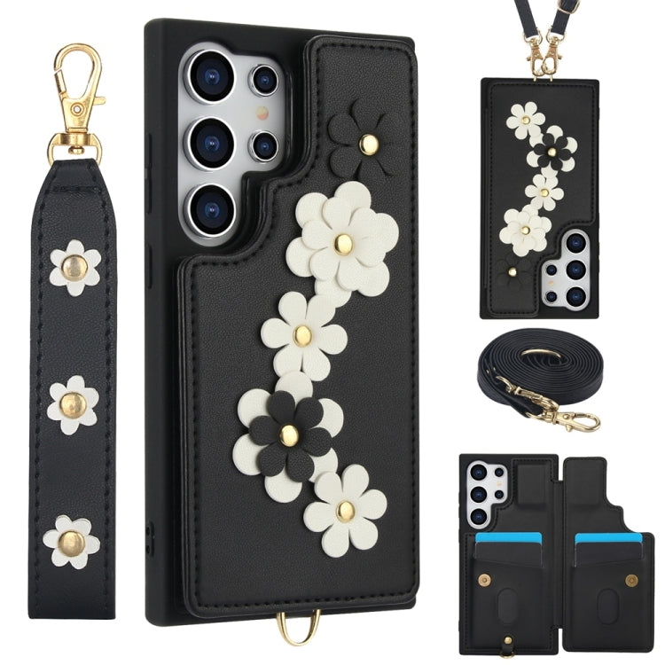 For Samsung Galaxy S25 Ultra 5G Crossbody Flower Pattern Leather Phone Case(Black)