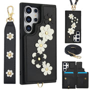 For Samsung Galaxy S25 Ultra 5G Crossbody Flower Pattern Leather Phone Case(Black)