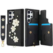 For Samsung Galaxy S25 Ultra 5G Crossbody Flower Pattern Leather Phone Case(Black)