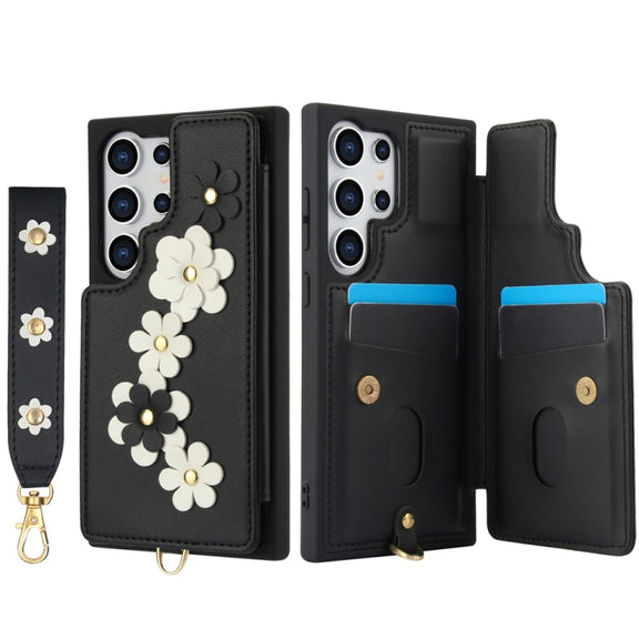 For Samsung Galaxy S25 Ultra 5G Crossbody Flower Pattern Leather Phone Case(Black)