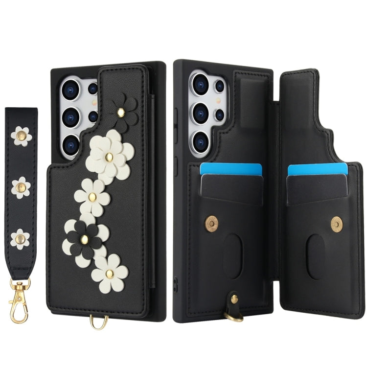For Samsung Galaxy S25 Ultra 5G Crossbody Flower Pattern Leather Phone Case(Black)