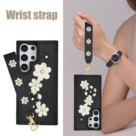 For Samsung Galaxy S25 Ultra 5G Crossbody Flower Pattern Leather Phone Case(Black)