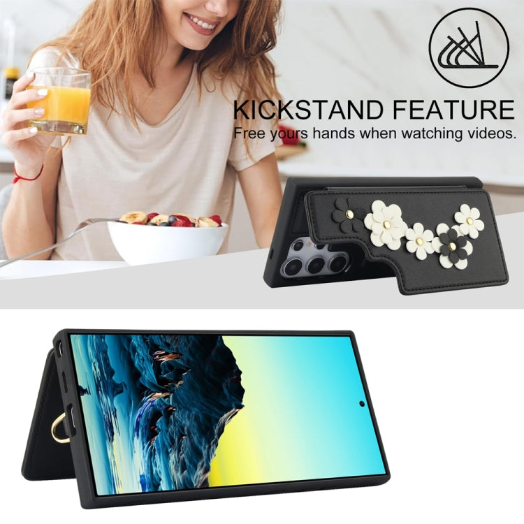 For Samsung Galaxy S25 Ultra 5G Crossbody Flower Pattern Leather Phone Case(Black)