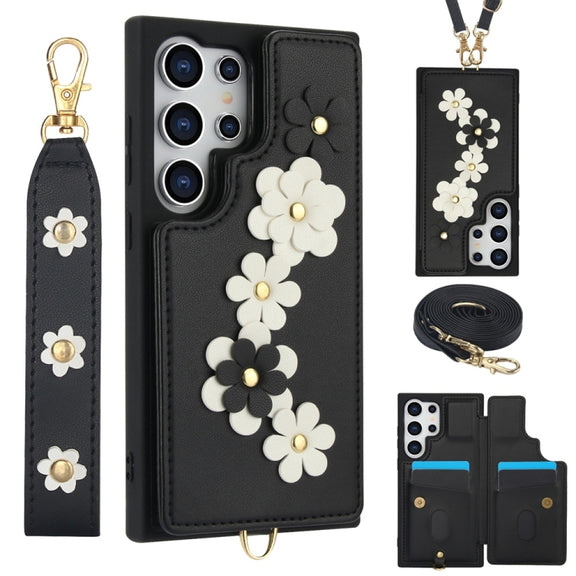 For Samsung Galaxy S25 Ultra 5G Crossbody Flower Pattern Leather Phone Case(Black)