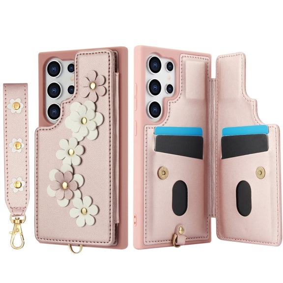For Samsung Galaxy S25 Ultra 5G Crossbody Flower Pattern Leather Phone Case(Rose Gold)