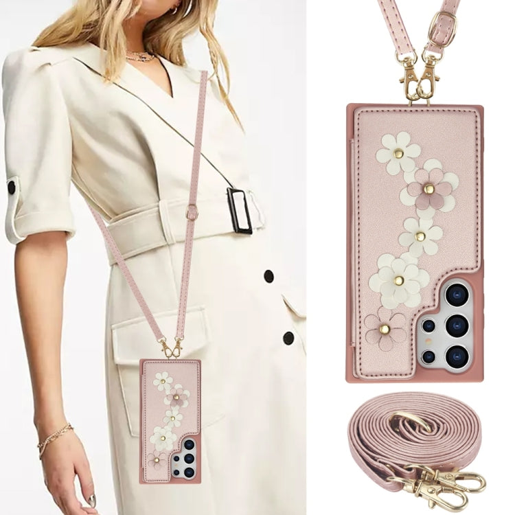 For Samsung Galaxy S25 Ultra 5G Crossbody Flower Pattern Leather Phone Case(Rose Gold)