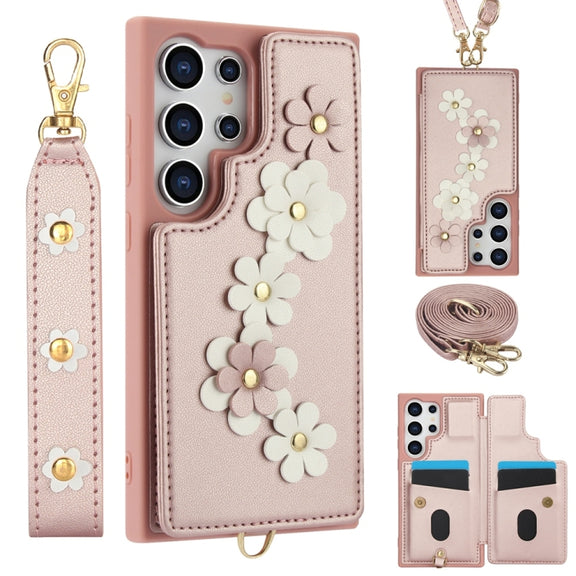 For Samsung Galaxy S25 Ultra 5G Crossbody Flower Pattern Leather Phone Case(Rose Gold)