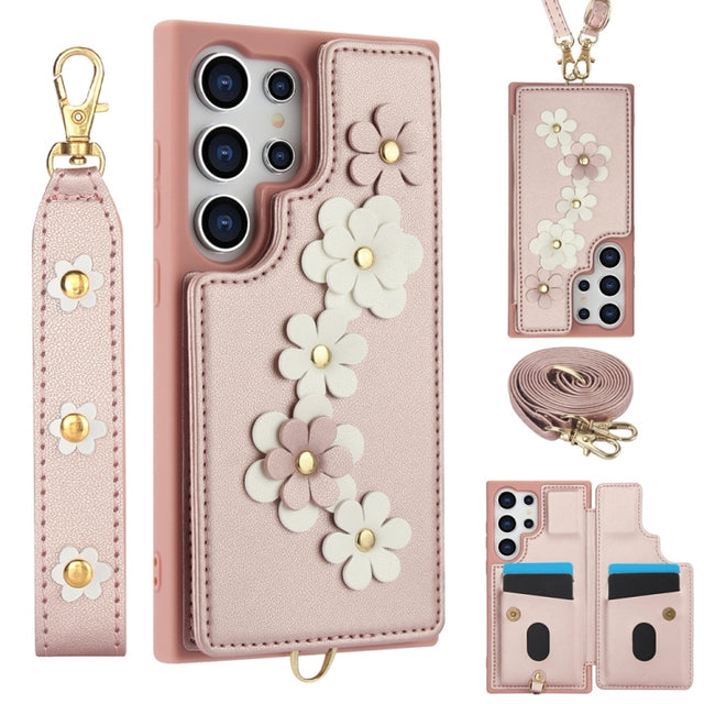 For Samsung Galaxy S25 Ultra 5G Crossbody Flower Pattern Leather Phone Case(Rose Gold)