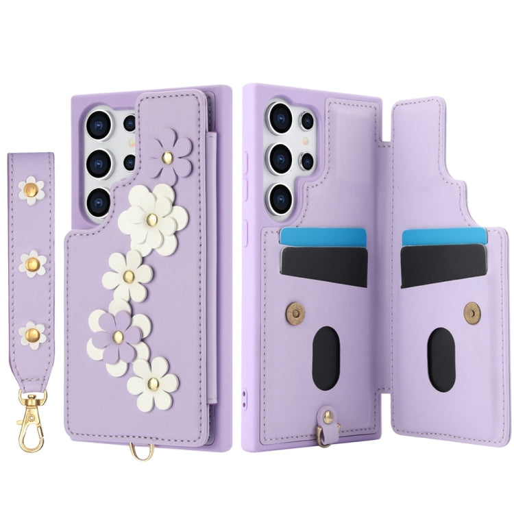 For Samsung Galaxy S25 Ultra 5G Crossbody Flower Pattern Leather Phone Case(Purple)