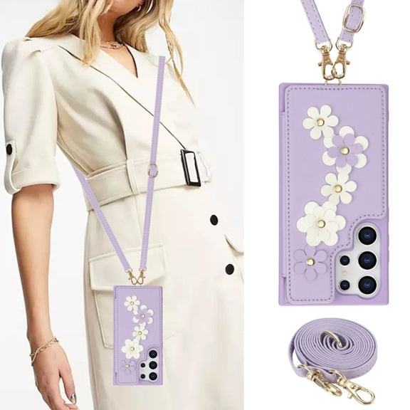 For Samsung Galaxy S25 Ultra 5G Crossbody Flower Pattern Leather Phone Case(Purple)