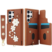 For Samsung Galaxy S25 Ultra 5G Crossbody Flower Pattern Leather Phone Case(Brown)