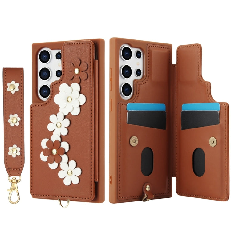 For Samsung Galaxy S25 Ultra 5G Crossbody Flower Pattern Leather Phone Case(Brown)