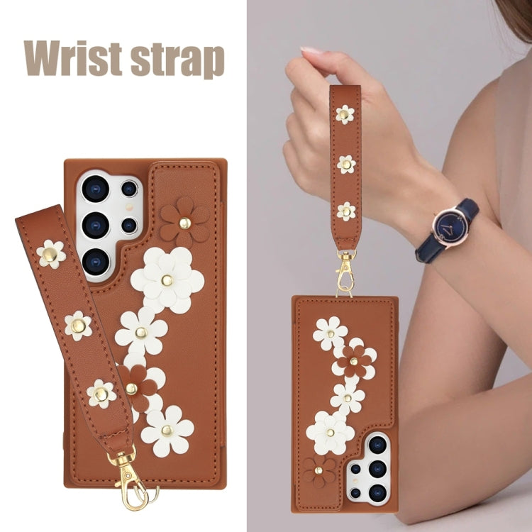 For Samsung Galaxy S25 Ultra 5G Crossbody Flower Pattern Leather Phone Case(Brown)