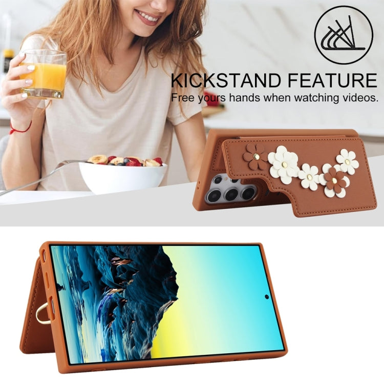 For Samsung Galaxy S25 Ultra 5G Crossbody Flower Pattern Leather Phone Case(Brown)