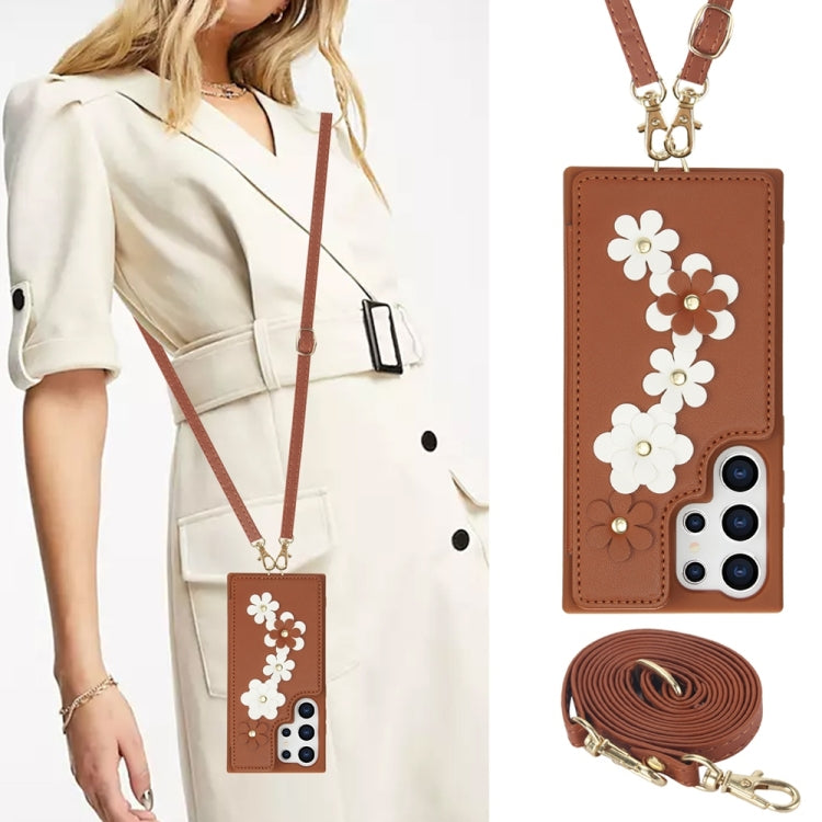 For Samsung Galaxy S25 Ultra 5G Crossbody Flower Pattern Leather Phone Case(Brown)