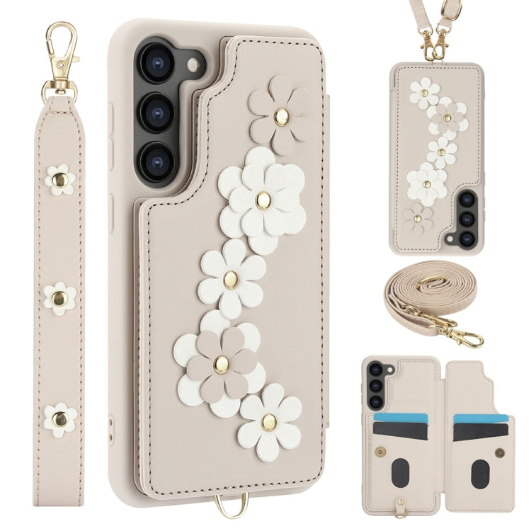 For Samsung Galaxy S25+ 5G Crossbody Flower Pattern Leather Phone Case(White)