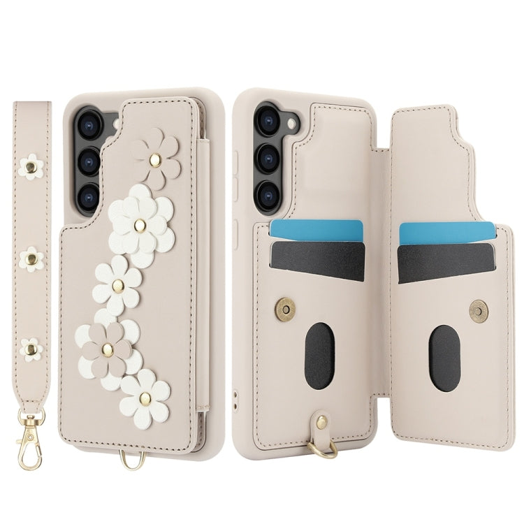 For Samsung Galaxy S25+ 5G Crossbody Flower Pattern Leather Phone Case(White)