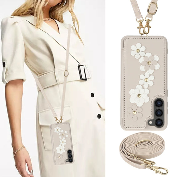 For Samsung Galaxy S25+ 5G Crossbody Flower Pattern Leather Phone Case(White)