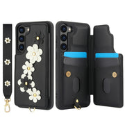 For Samsung Galaxy S25+ 5G Crossbody Flower Pattern Leather Phone Case(Black)