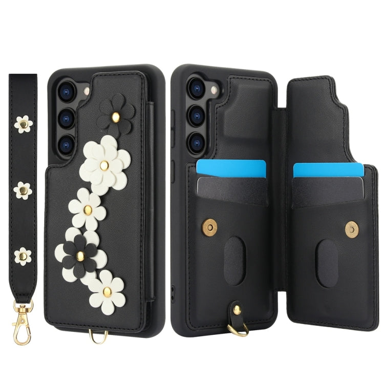 For Samsung Galaxy S25+ 5G Crossbody Flower Pattern Leather Phone Case(Black)
