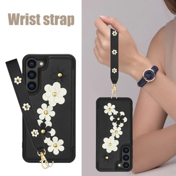 For Samsung Galaxy S25+ 5G Crossbody Flower Pattern Leather Phone Case(Black)