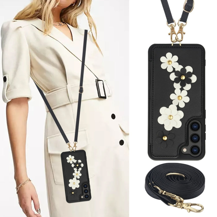 For Samsung Galaxy S25+ 5G Crossbody Flower Pattern Leather Phone Case(Black)