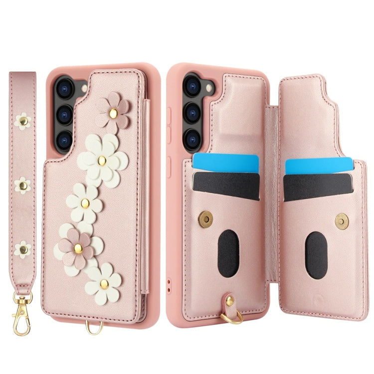 For Samsung Galaxy S25+ 5G Crossbody Flower Pattern Leather Phone Case(Rose Gold)