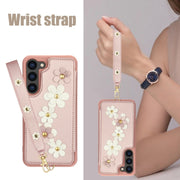 For Samsung Galaxy S25+ 5G Crossbody Flower Pattern Leather Phone Case(Rose Gold)