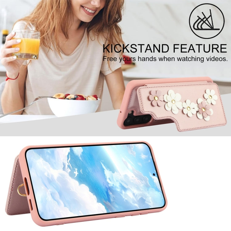 For Samsung Galaxy S25+ 5G Crossbody Flower Pattern Leather Phone Case(Rose Gold)